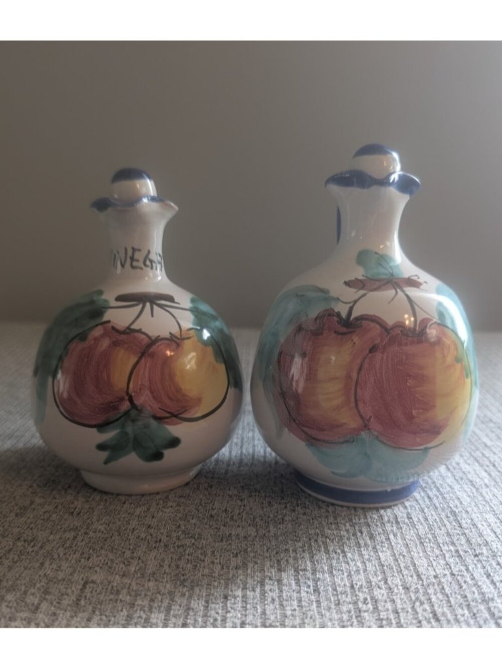 Ceramic Italian Oil & Vinegar Decanters with Stopper, Fruit Themed, VGC